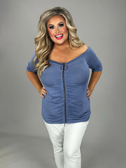 SALE!! 42 OS {What About You} Blue Zip Front Off Shoulder Top PLUS SIZE 1X 2X 3X