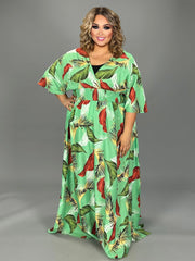 SALE!! LD-D {Island Escape} Lt Green Palm Printed Lined Dress PLUS SIZE XL 2X 3X