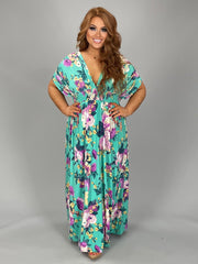 LD-F {Mellow Moment} Emerald Floral Smocked Maxi Dress PLUS SIZE 1X 2X 3X