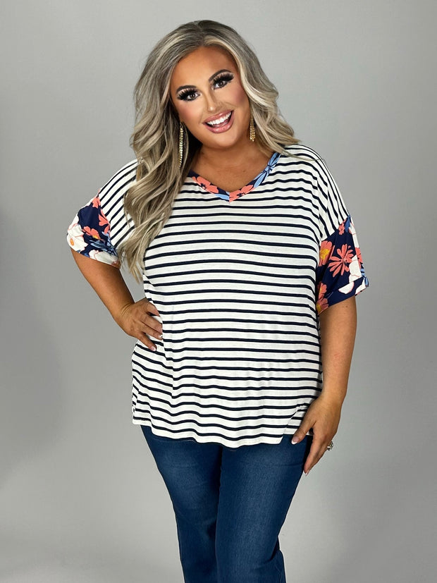 SALE!! 26 CP-O {Everyday Comfy} Navy Stripe Floral Top PLUS SIZE 1X 2X 3X