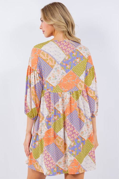 SALE!! 52 PQ {Beautiful Routine} Blue/Peach Mixed Print Dress PLUS SIZE 1X 2X 3X