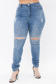 SALE!! BT {Woke Up Flawless} VOCAL Denim Pearl Distressed Jeans PLUS SIZE XL 2X 3X