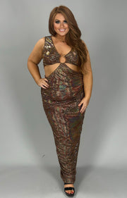 SALE!! LD-Q {Dreamy & Dazzling} Brown Sequin O Ring Maxi Dress PLUS SIZE 1X 2X 3X