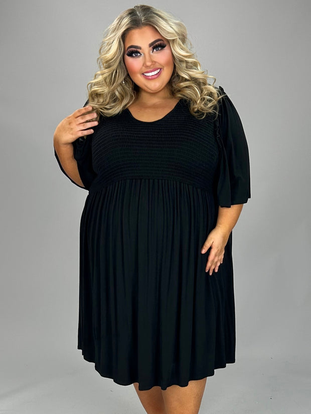 33 SSS-S {Look Stunning In Curvy} Black Smocked Dress CURVY BRAND!!!  EXTENDED PLUS SIZE XL 2X 3X 4X 5X 6X  (May Size Down 1 Size)