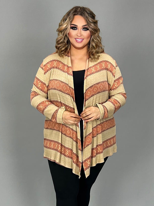 34-OT-X  {Chain Of Events}  Taupe/Rust Cardigan Plus Size 1X 2X 3X