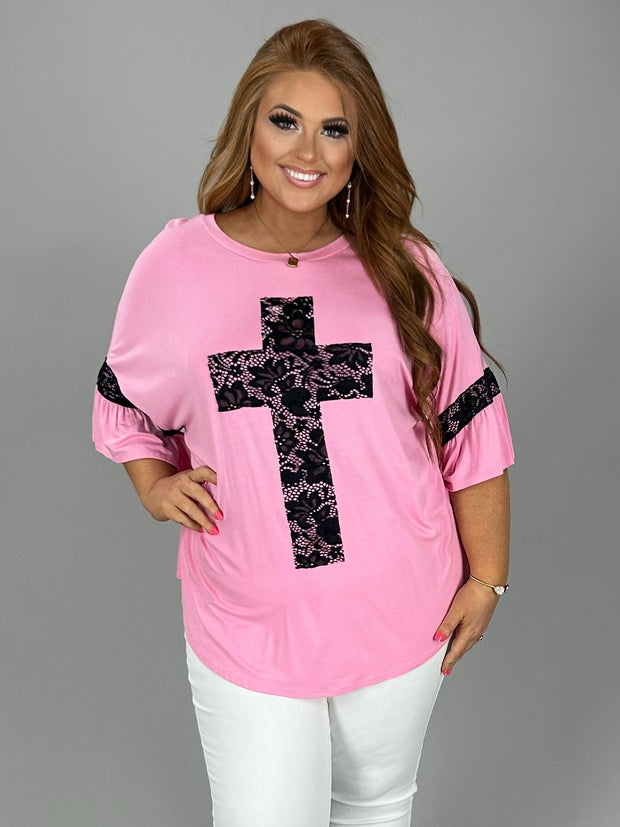 SALE!! 43 SD-U {At The Cross} Pink/Black Lace Cross & Sleeve Detail Top PLUS SIZE XL 2X 3X 4X 5X 6X