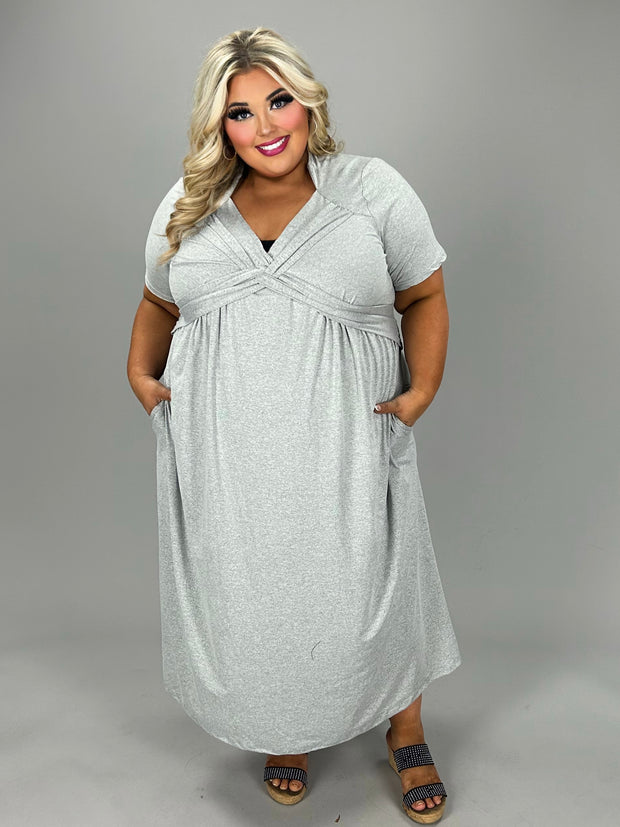 LD-P {Perfectly Devine} Grey V-Neck Midi Dress w/Pockets CW EXTENDED PLUS SIZE 2X 3X 4X 5X 6X