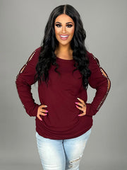 39 SD {Modern Muse} VOCAL Burgundy Top w/Studded Sleeves PLUS SIZE XL 2X 3X