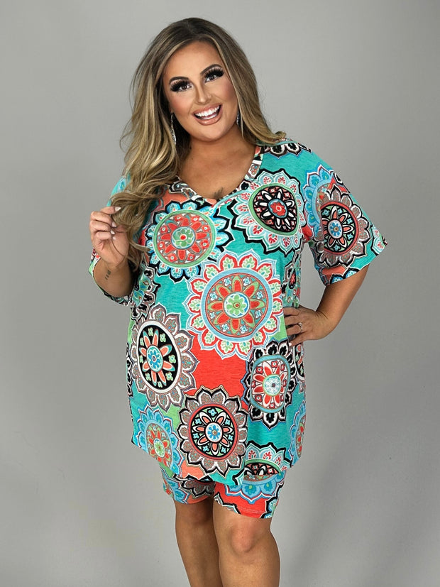 SALE!! 36 SET-A {Bold Opinions} Mint Mandala Print Short Set  PLUS SIZE XL 2X 3X 4X 5X