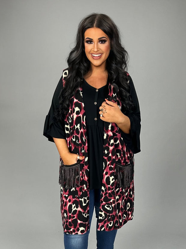 70 OT {Eye Catching} Black/Magenta Leopard Vest w/Pocket PLUS SIZE 1X 2X 3X