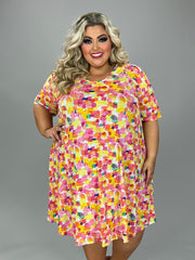 12 PSS {Paint Party} Yellow/Pink Print V-Neck Dress EXTENDED PLUS SIZE 3X 4X 5X