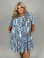 13 PSS {Unbeatable Sight} Blue/Coral Print V-Neck Dress  EXTENDED PLUS SIZE 3X 4X 5X