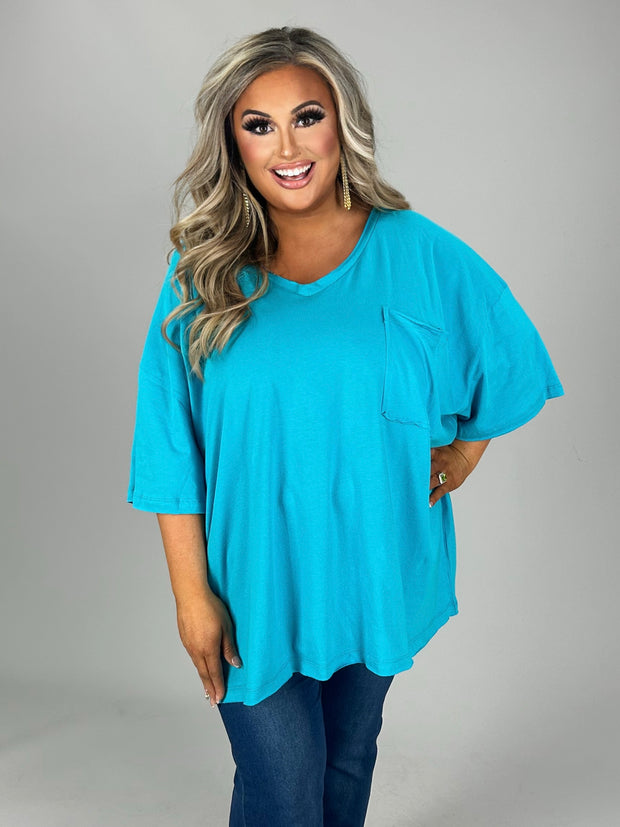 27 SSS  {Happy As Can Be} Ice Blue V-Neck Top w/Pocket PLUS SIZE 1X 2X 3X