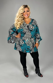 SALE!! 12 PQ {Modern Goddess} Black/Blue Animal Paisley Print V-Neck Top EXTENDED PLUS SIZE 4X 5X 6X