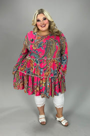 57 PLS {One More Try} Fuchsia Paisley Print Tiered Top EXTENDED PLUS SIZE 3X 4X 5X