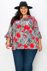 80 PQ {Honest Intentions} Grey/Red Animal & Rose Print Ruffle Sleeve Top  EXTENDED PLUS 4X 5X 6X