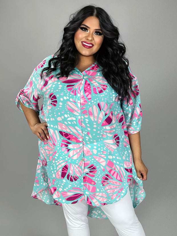 22 PSS-S {Radiant Reflection} Blue/Pink Print Hi/Low Tunic PLUS SIZE 1X 2X 3X