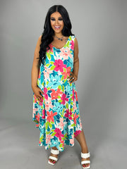 LD-Q {Bring The Drama} Teal Floral Sleeveless Midi Dress PLUS SIZE 1X 2X 3X