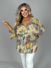 SALE!! 30 PSS-S {Flirting With Perfection} Mustard Print V-Neck Top PLUS SIZE 1X 2X 3X