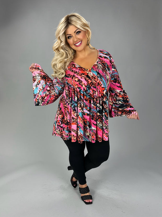 38 PQ [Wild For Fashion} Pink Multi Animal Tie Neck Top EXTENDED PLUS SIZE 3X 4X 5X