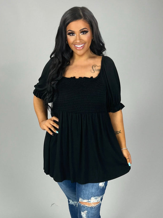 20 SSS-B {Mercy For Me} Black  Smocked Babydoll Top PLUS SIZE 1X 2X 3X