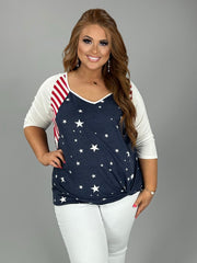 90 CP-A {Symbol Of Pride} Blue Star Red Stripe Print Top PLUS SIZE XL 2X 3X