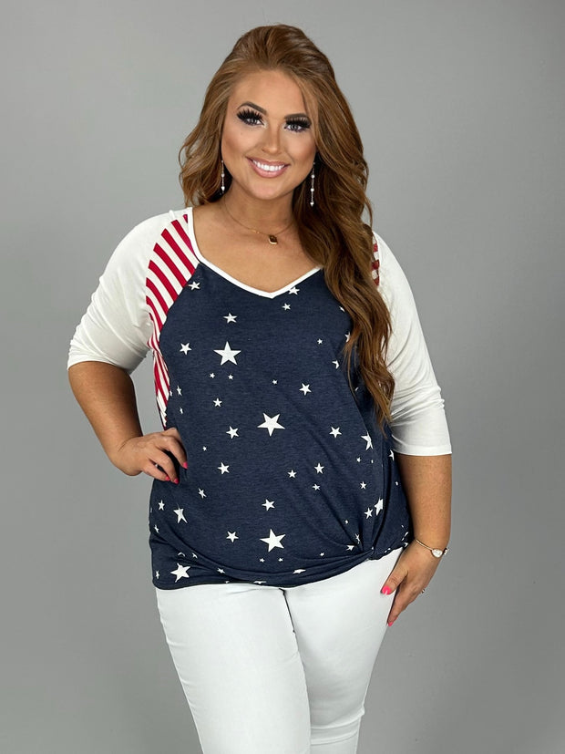 90 CP-A {Symbol Of Pride} Blue Star Red Stripe Print Top PLUS SIZE XL 2X 3X