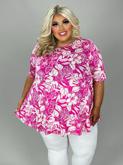 86 PSS {Real Love} Fuchsia Leaf Print Rounded Hem Top EXTENDED PLUS SIZE 3X 4X 5X (True To Size)