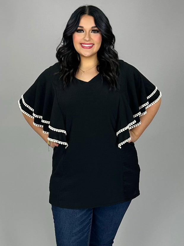 73 SD {No Issues Here} Black Textured Flutter Sleeve Top PLUS SIZE XL 2X 3X