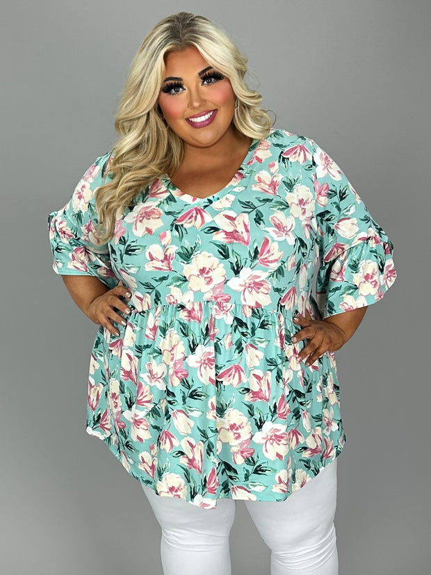 37 PSS {Elevation Of Style} Mint Floral V-Neck Babydoll Top EXTENDED PLUS SIZE 3X 4X 5X