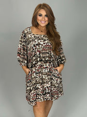 32  PQ {Chic On Repeat} Brown/Mauve Print Babydoll Dress  PLUS SIZE 1X 2X 3X