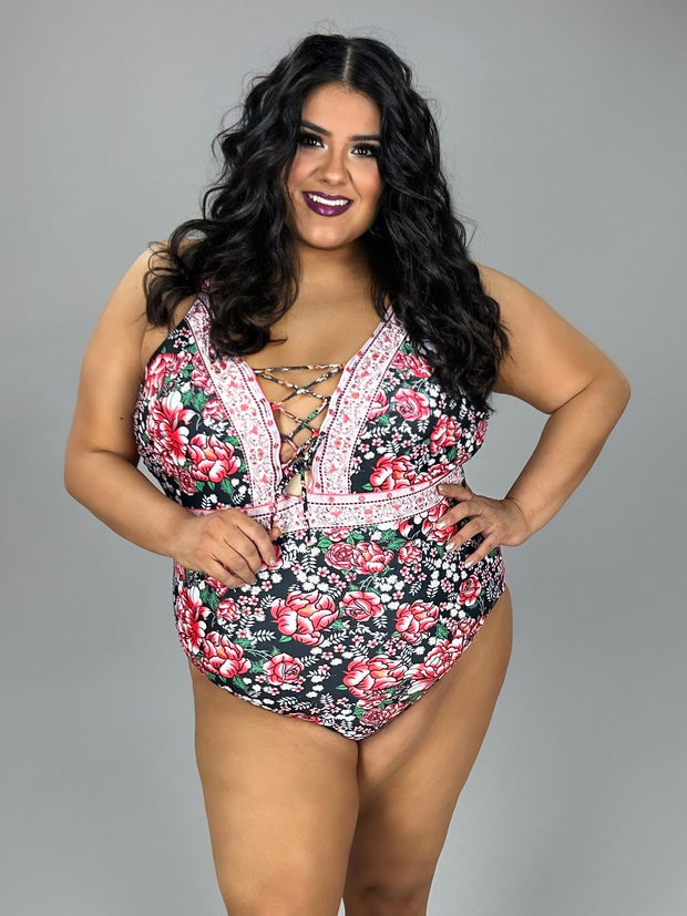 SWIM-M {Secret Keeper} Black Floral 1 Piece Swimsuit PLUS SIZE 2X 3X