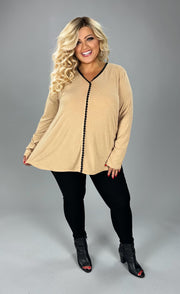 40 SD  [Fancy Expectations} Taupe  V-Neck Black Trimmed Top PLUS SIZE 1X 2X 3X