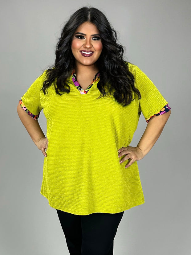 29 CP {Perfect Balance} Pistachio Textured Top w/Floral Trim PLUS SIZE 1X 2X 3X