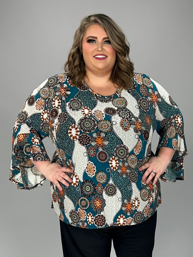 SALE!! 12 PQ {Let's Roll} Teal/Orange Mandala Print V-Neck Top EXTENDED PLUS SIZE 4X 5X 6X