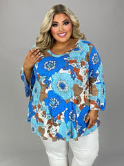 SALE!! 73 PQ {Classy And Comfy} Blue/Brown Floral V-Neck Top EXTENDED PLUS SIZE 3X 4X 5X