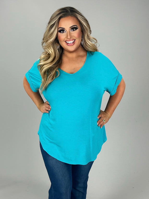 56 SSS-C {Hint of Teal}  Teal V-Neck Short Sleeve Top  PLUS SIZE 1X 2X 3X