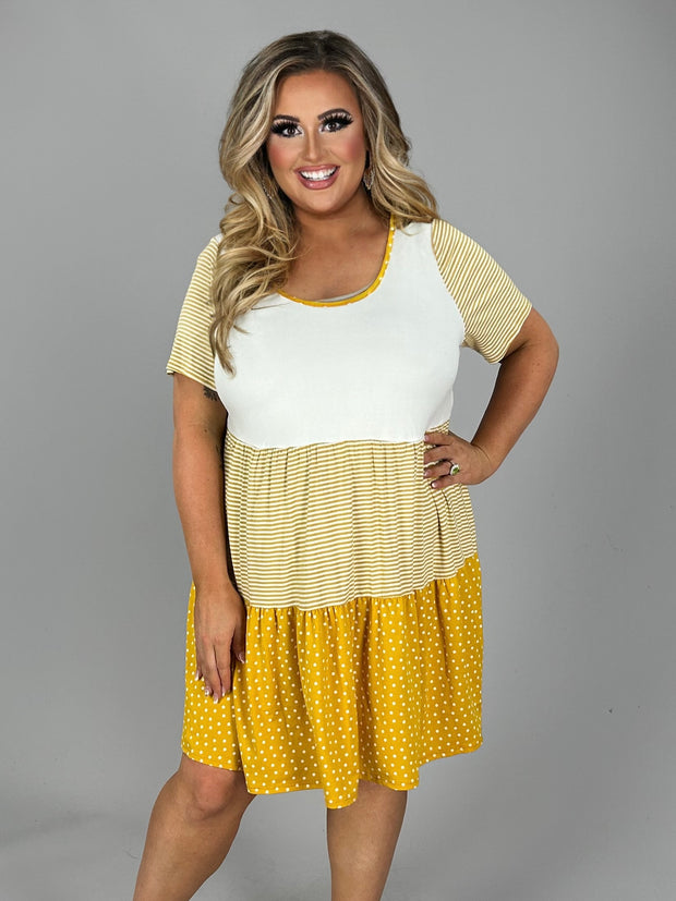 SALE!!  95 CP-Y {Best Weather Ever} Mustard Stripe Polka Dot Dress PLUS SIZE 1X 2X 3X