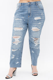 BT {Bringing The Style} VOCAL Pearl Detailed Ripped Denim Jeans PLUS SIZE XL 2X 3X