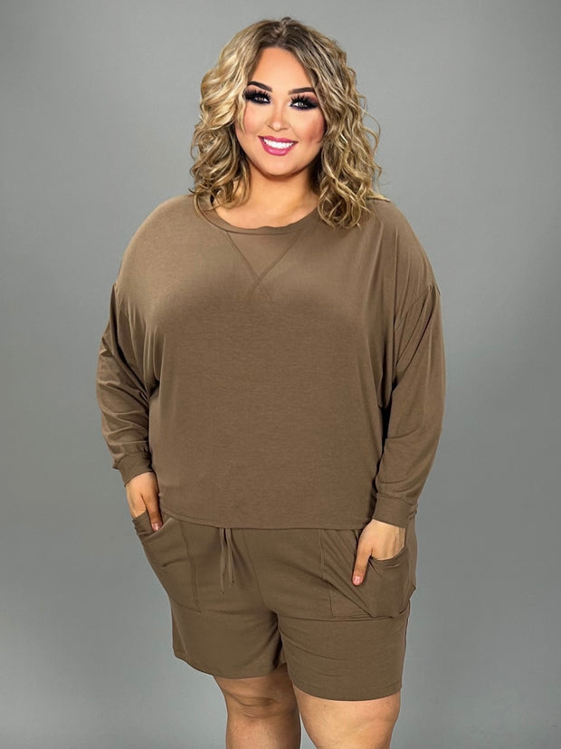 29 SET-A {The Good Life} Coffee Long Sleeve  Short Set  PLUS SIZE 1X 2X 3X