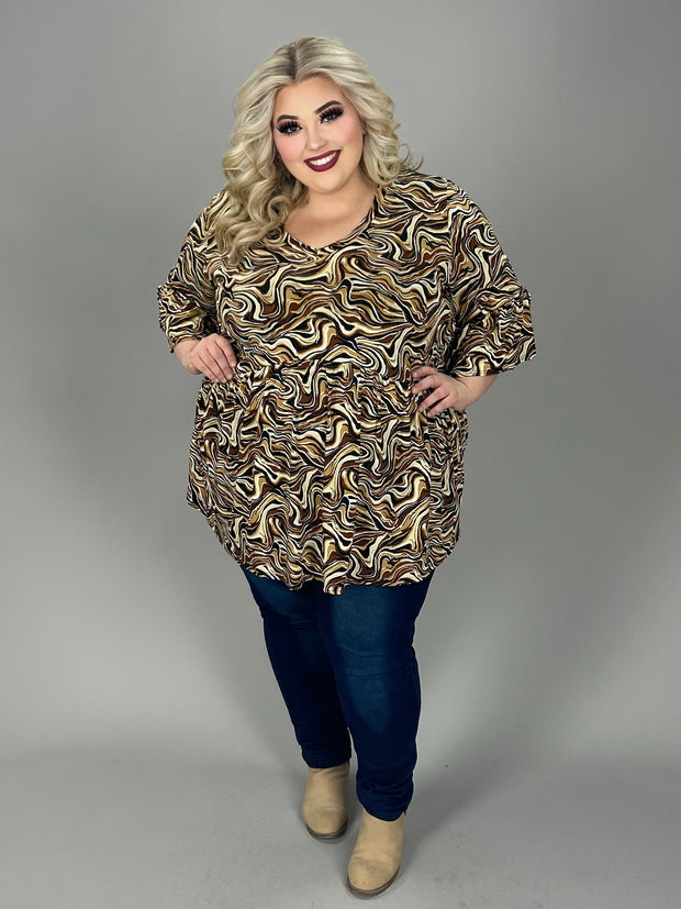 47 PSS {Perfect Stranger} Brown/Black  Swirl Print V-Neck Babydoll Top  EXTENDED PLUS SIZE 3X 4X 5X