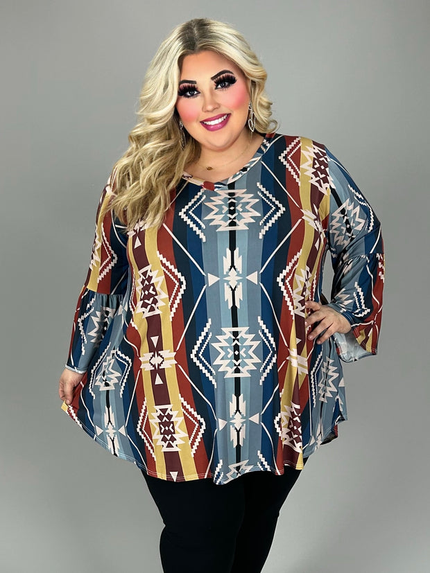 38 PQ  [Sunrise to Sunset} Blue Tan Aztec Print V-Neck Tunic  EXTENDED PLUS SIZE 3X 4X 5X