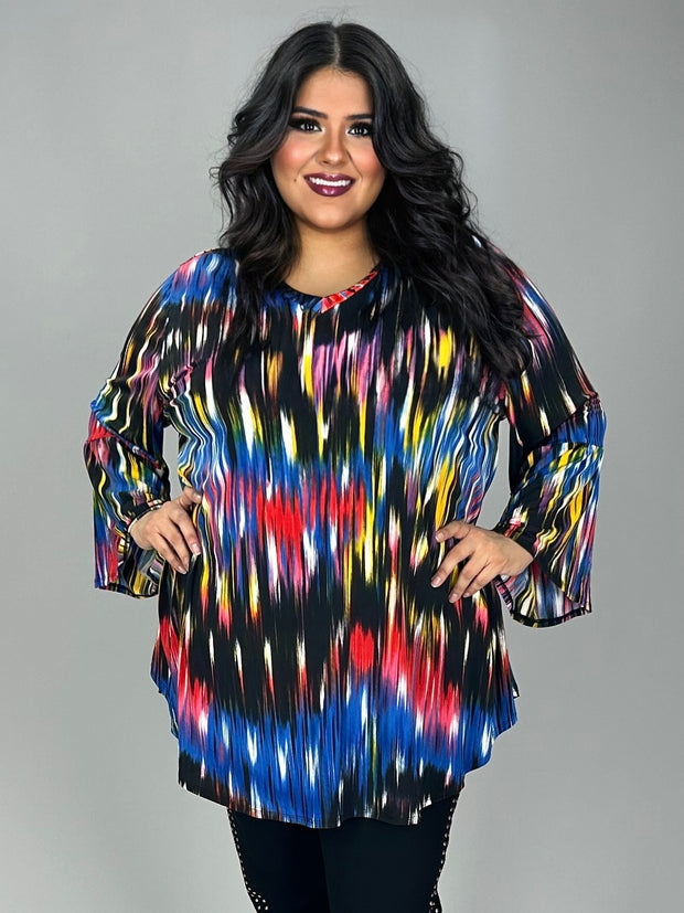 SALE!! 63 PQ-P {Blurry Pixels} Red Blue Printed Bell Sleeve Top EXTENDED PLUS SIZE 3X 4X 5X