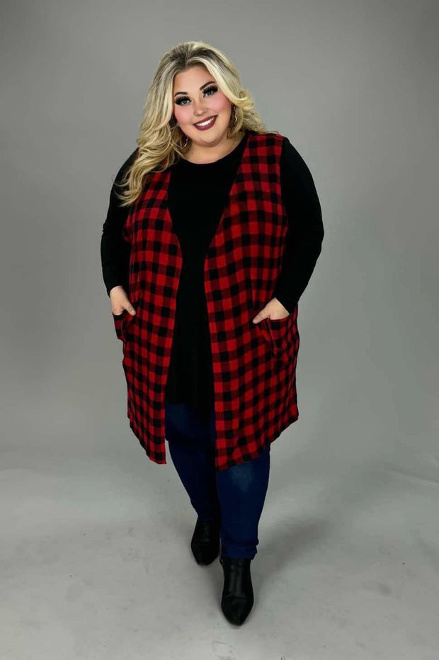 15 OT {Bonfire Season} Red/Black Plaid Vest w/Pockets EXTENDED PLUS SIZE 3X 4X 5X