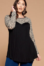 39 CP {Cue The Drama} Black Leopard Contrast Top w/ Lace Neck Detail PLUS SIZE XL 2X 3X