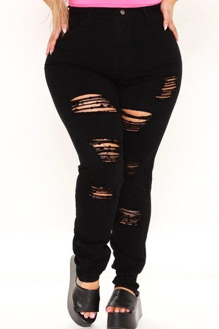 LEG-2 Aphrodite} Black Distressed Denim Skinny Jeans PLUS SIZE