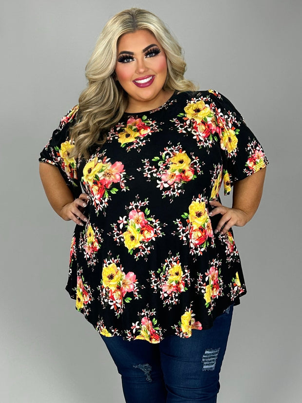 59 PSS {A Little Curvy Yellow} Black/Yellow Floral Top PLUS SIZE 1X 2X 3X