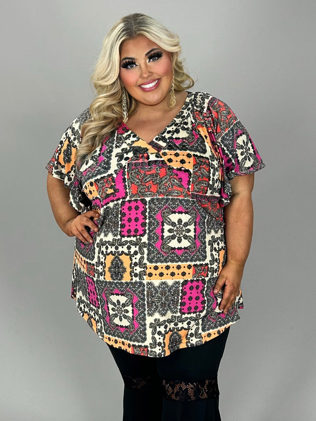 47 PSS {Stylish Mentality} Fuchsia/Black Print V-Neck Top EXTENDED PLUS SIZE 4X 5X 6X