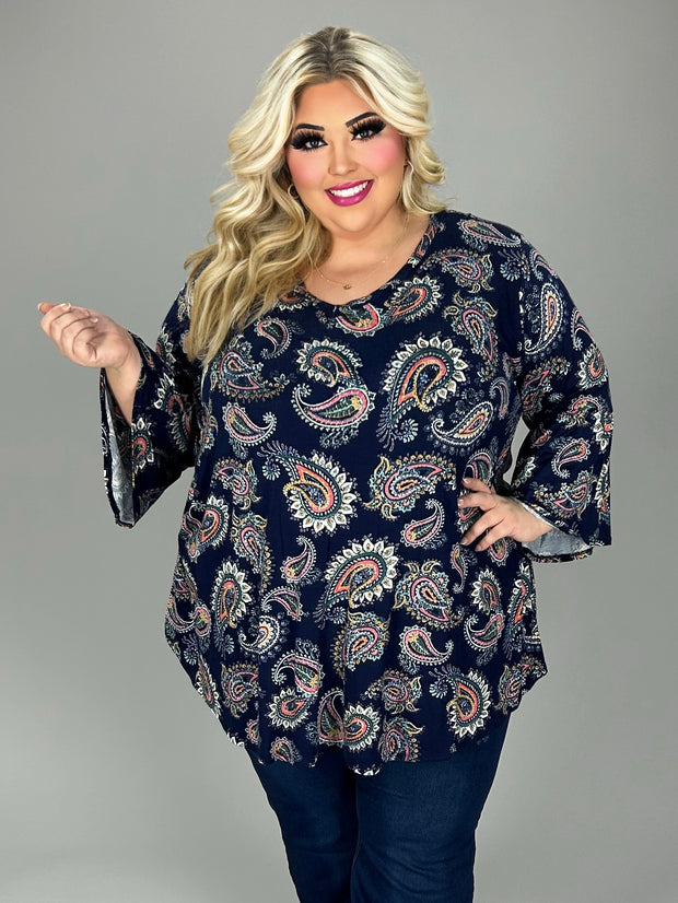 90 PQ {Southern Drawl} Navy/Orange Paisley Print V-Neck Top EXTENDED PLUS SIZE 3X 4X 5X