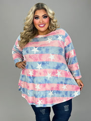 14 PQ {Star & Stripes} Blue/Pink Star & Stripe Print Top EXTENDED PLUS SIZE 4X 5X 6X